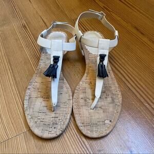 Crown and Ivy beige leather navy tassel wedge thong sandal SIZE 9M